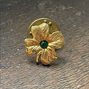 Gold Clover Pin with Green Gemstone